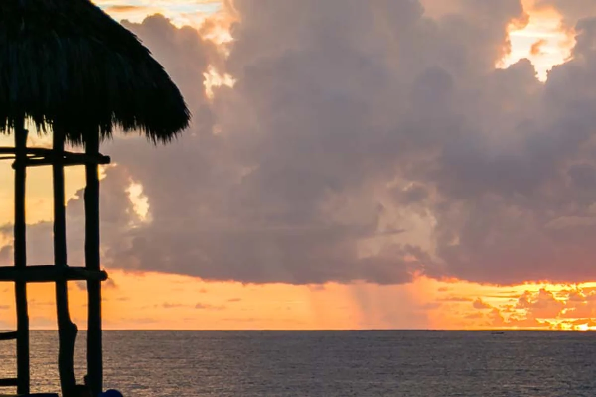 Silhouette of a thatched palapa roof against a golden sunset over the Pacific near Puerto Vallarta