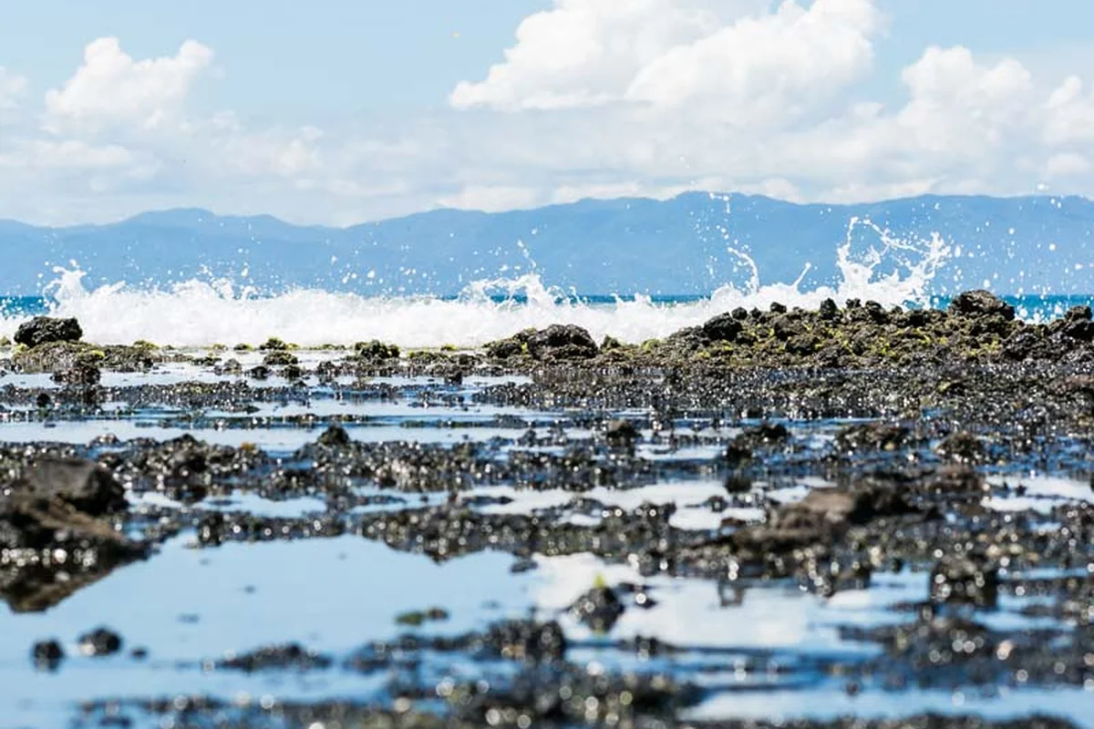 Waves breaking over rocky tide pools along the coastline near Puerto Vallarta, with mountains in the distance